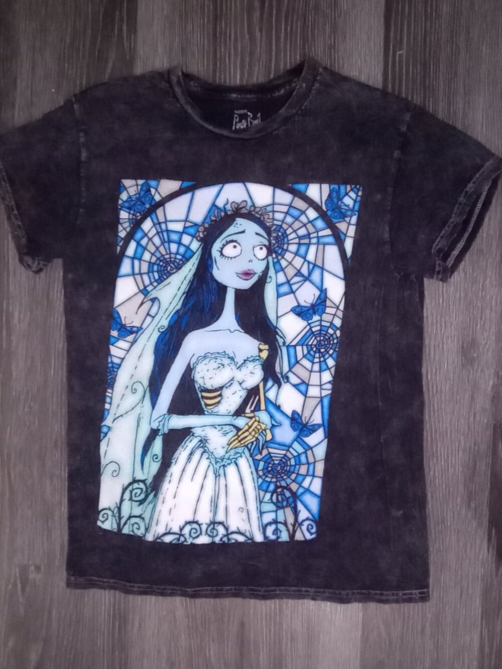 Women's small Vintage-Vibe Corpse Bride Emily Stained Glass Acid Wash Tee   #or